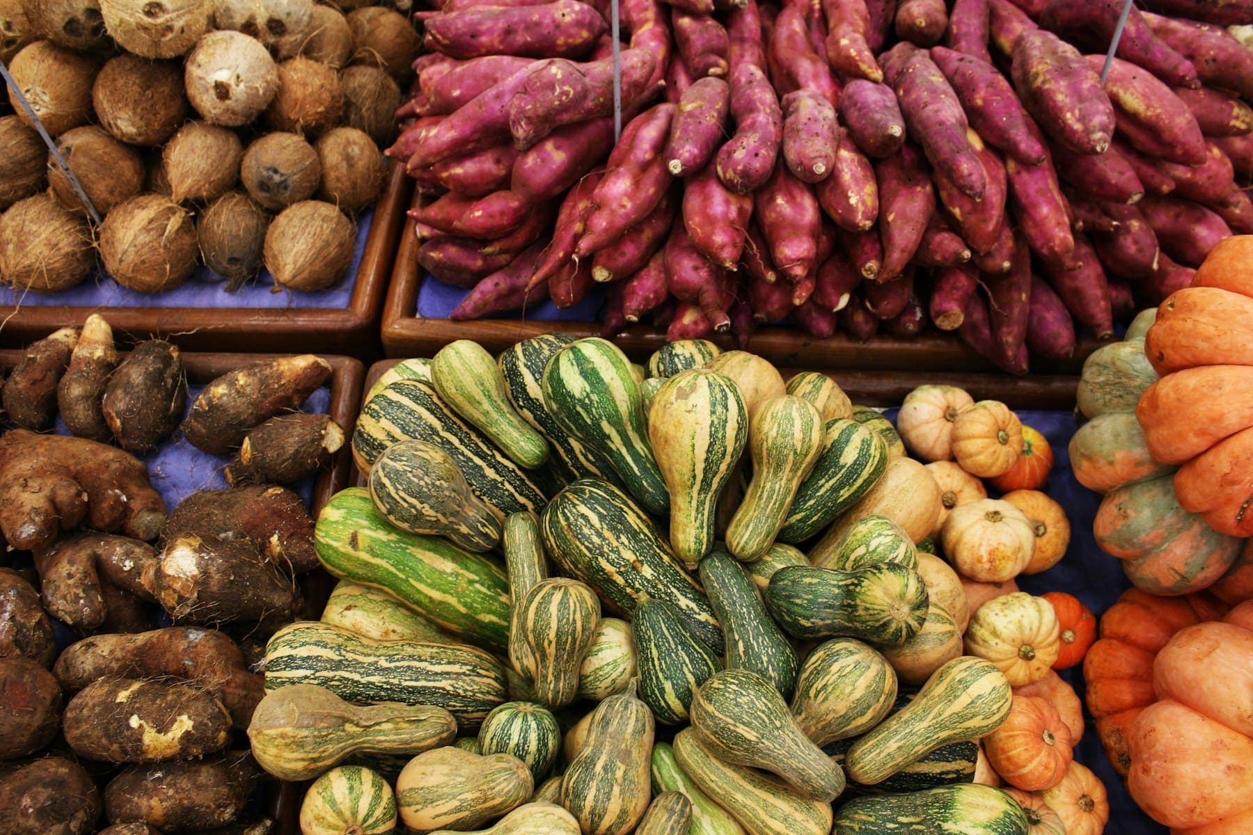 Fresh yams, sweet potatoes and squash at a market
